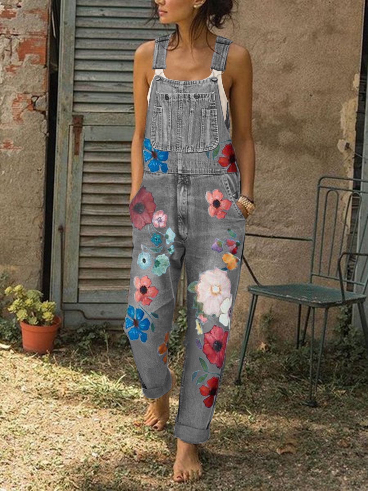 Ärmellose Denim-Blumen-Blumendruten-Einszene