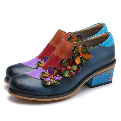 Retro Blumen Spleißen echtes Leder bequeme flache Schuhe