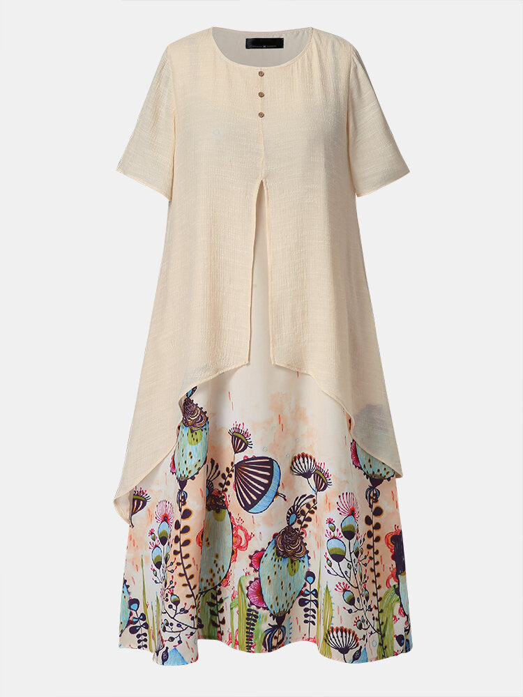 Floral Print For Women Vintage Fake Two Piece Dresses