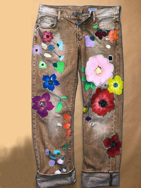 Pantalon décontracté à fleurs en jean