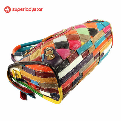 Retro Rhombus Color Block Cowhide Handbag