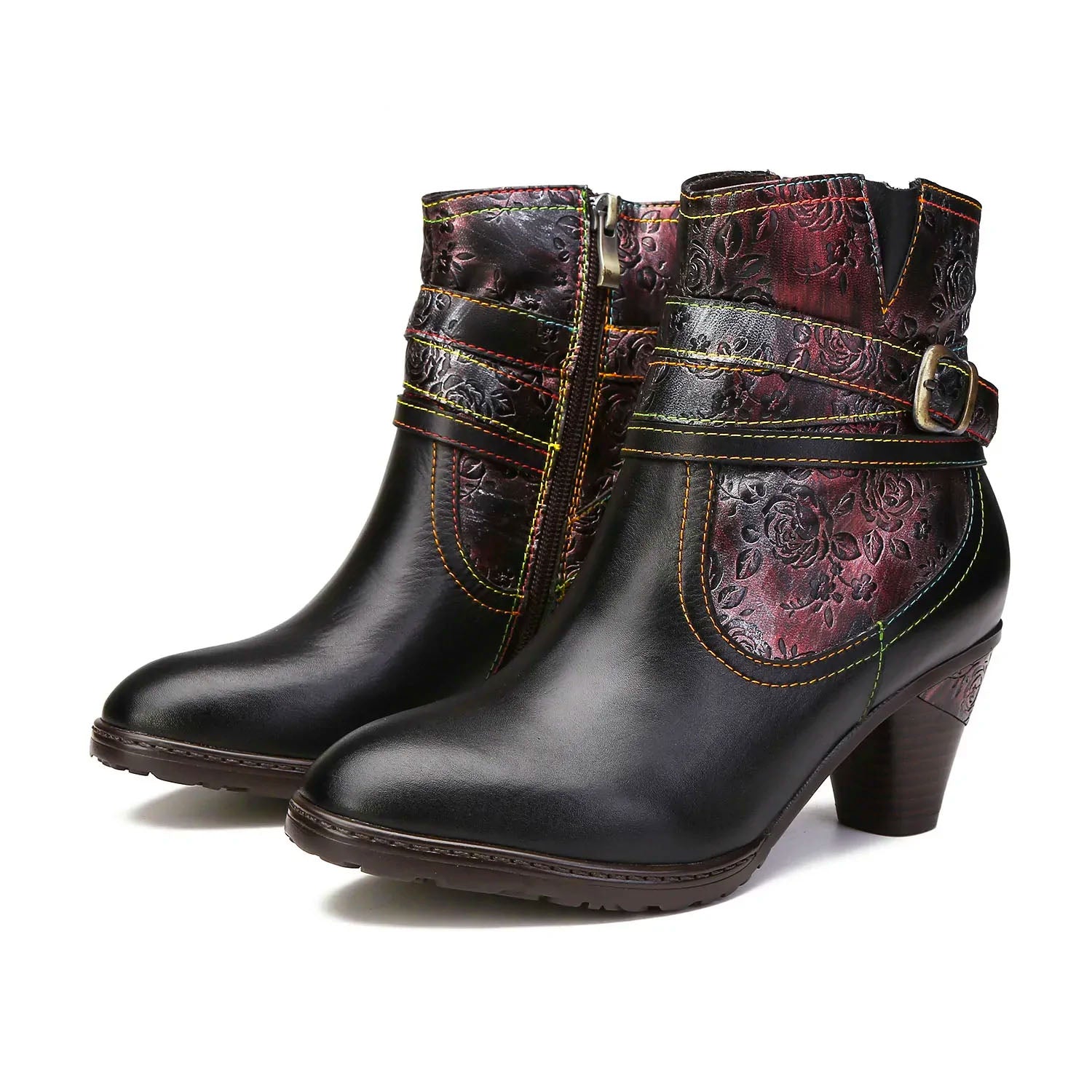 Handmade Floral Embossed Ankle Boots