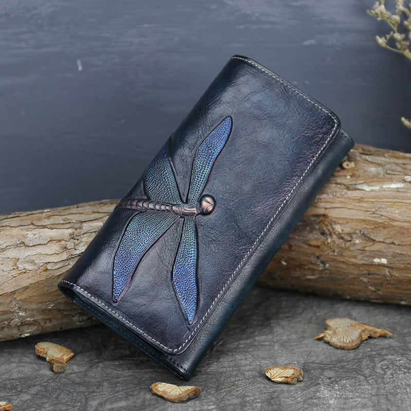 Dragonfly Embossed Genuine Leather Long Wallet