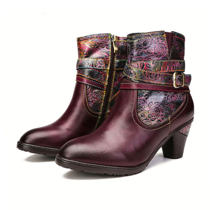 Botas de tornozelo em relevo floral feitas à mão