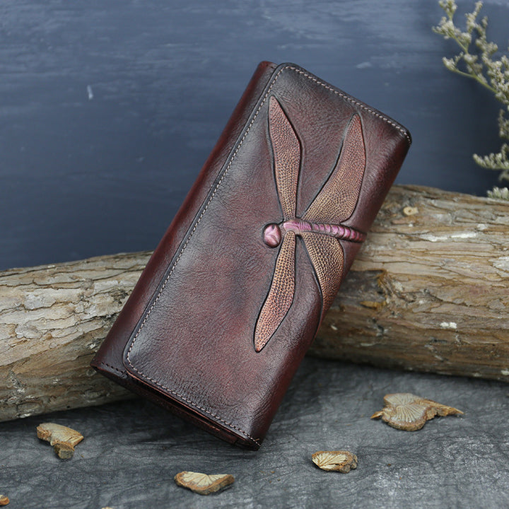 Dragonfly Embossed Genuine Leather Long Wallet