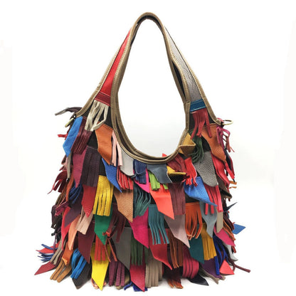 Retro Cowhide Color Fringe Handbag