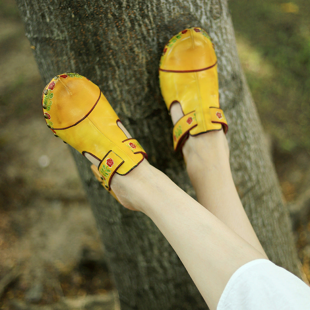 Vintage Handmade Round Toe Floral Sandals