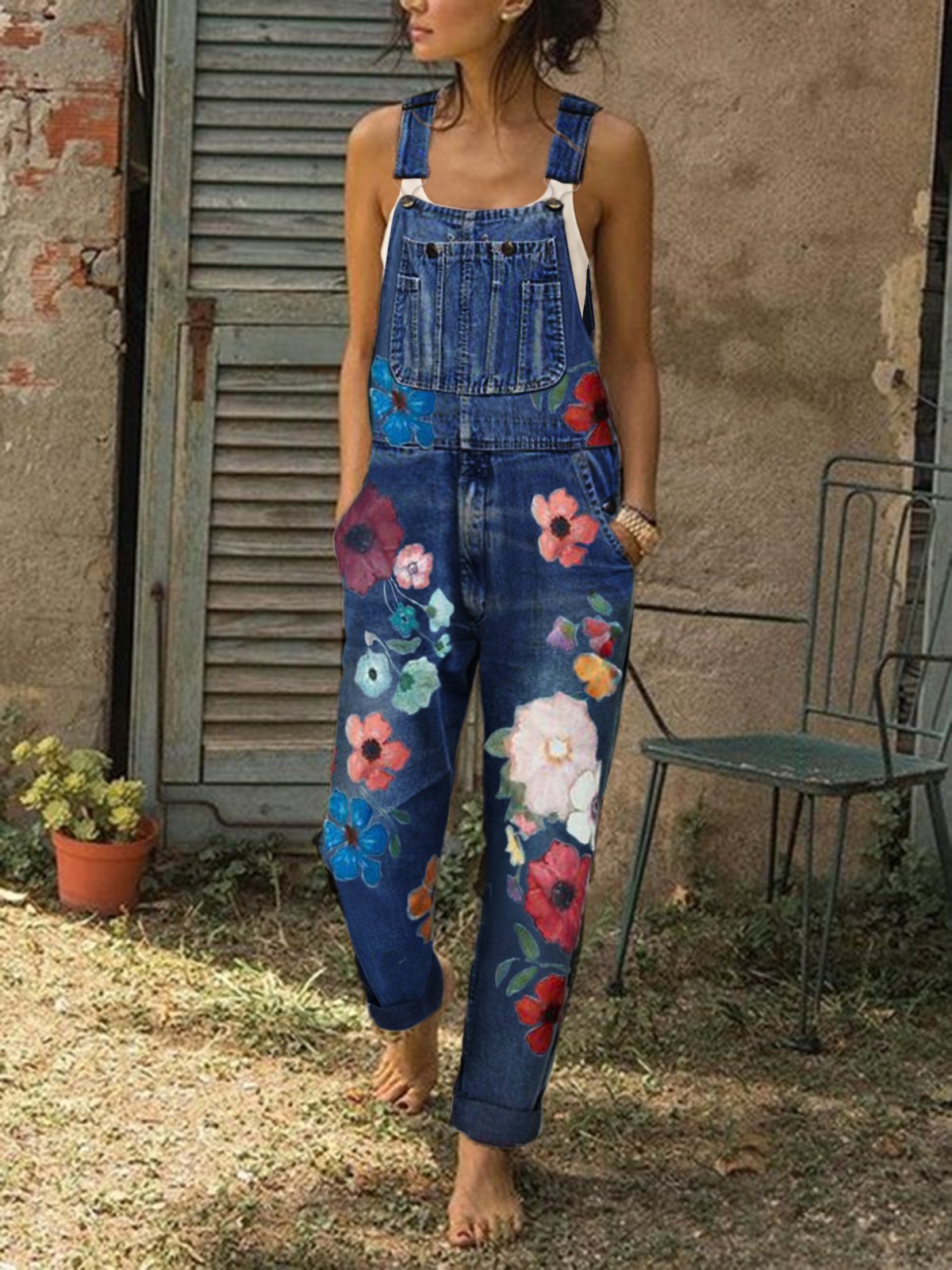 Sleeveless Denim Floral Floral-Print One-Pieces