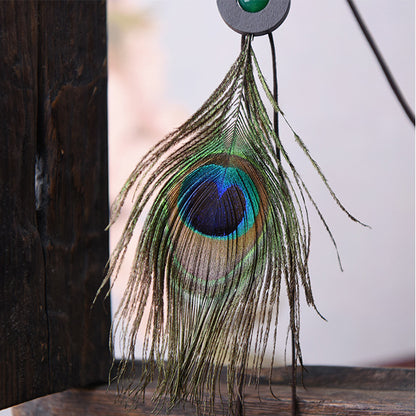 Fashionable Peacock Feather and Glass Pendant Necklace