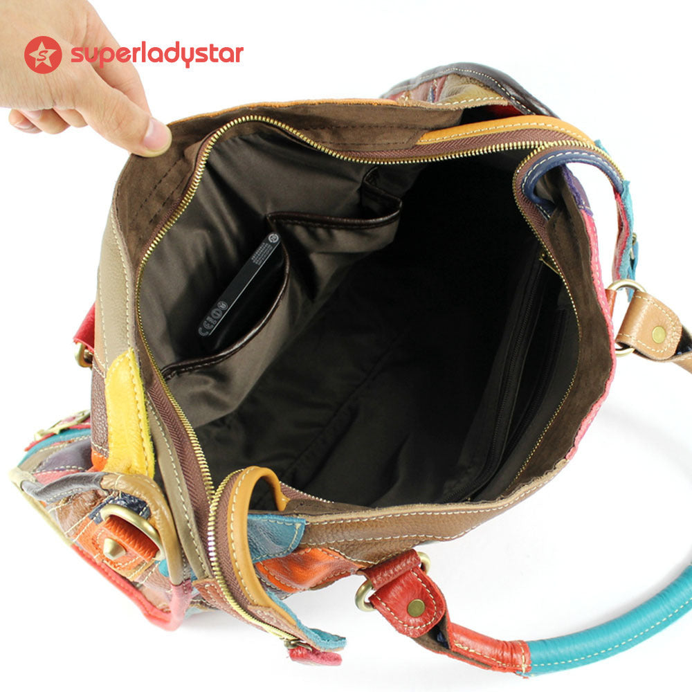 Retro Rhombus Color Block Cowhide Handbag