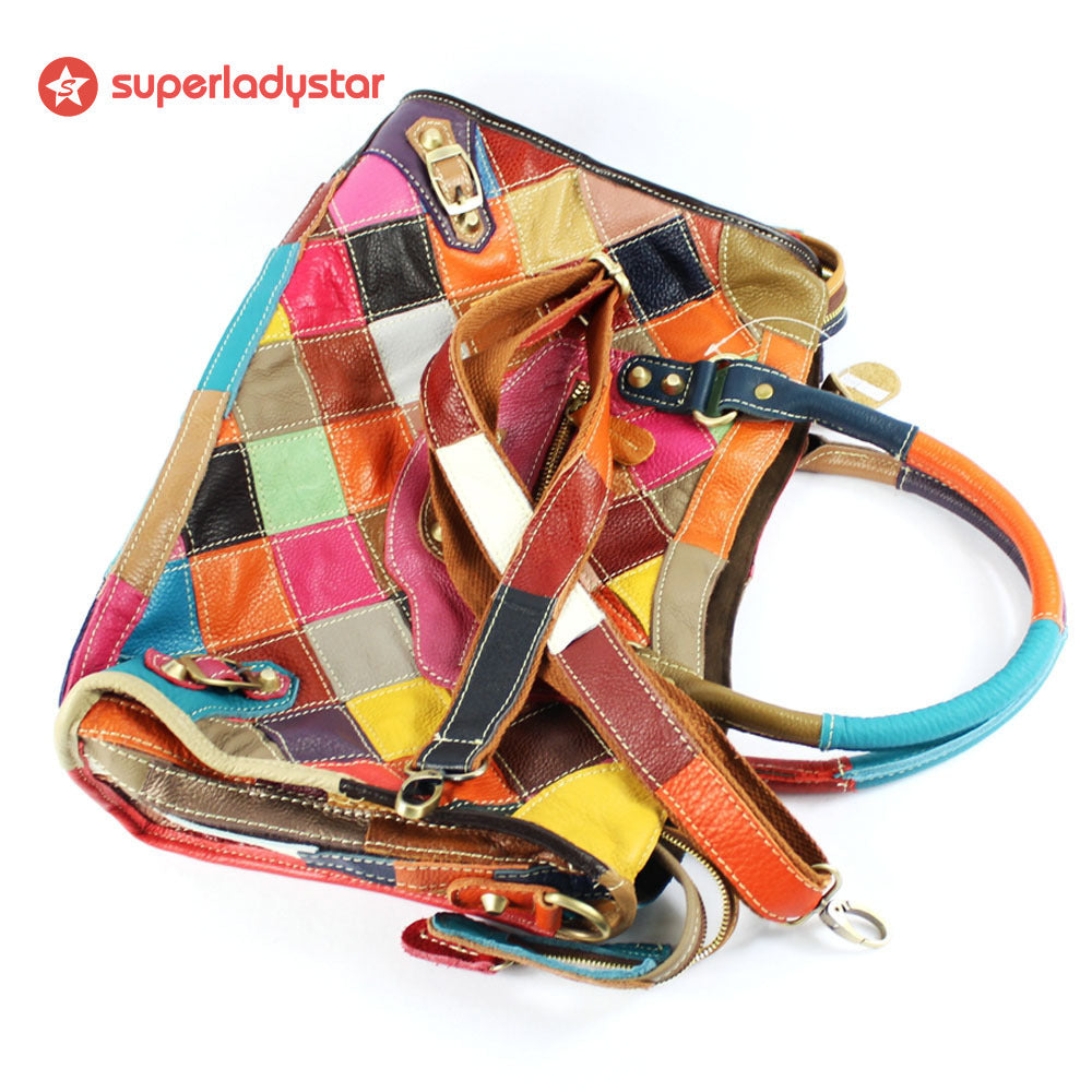 Retro Rhombus Color Block Cowhide Handbag