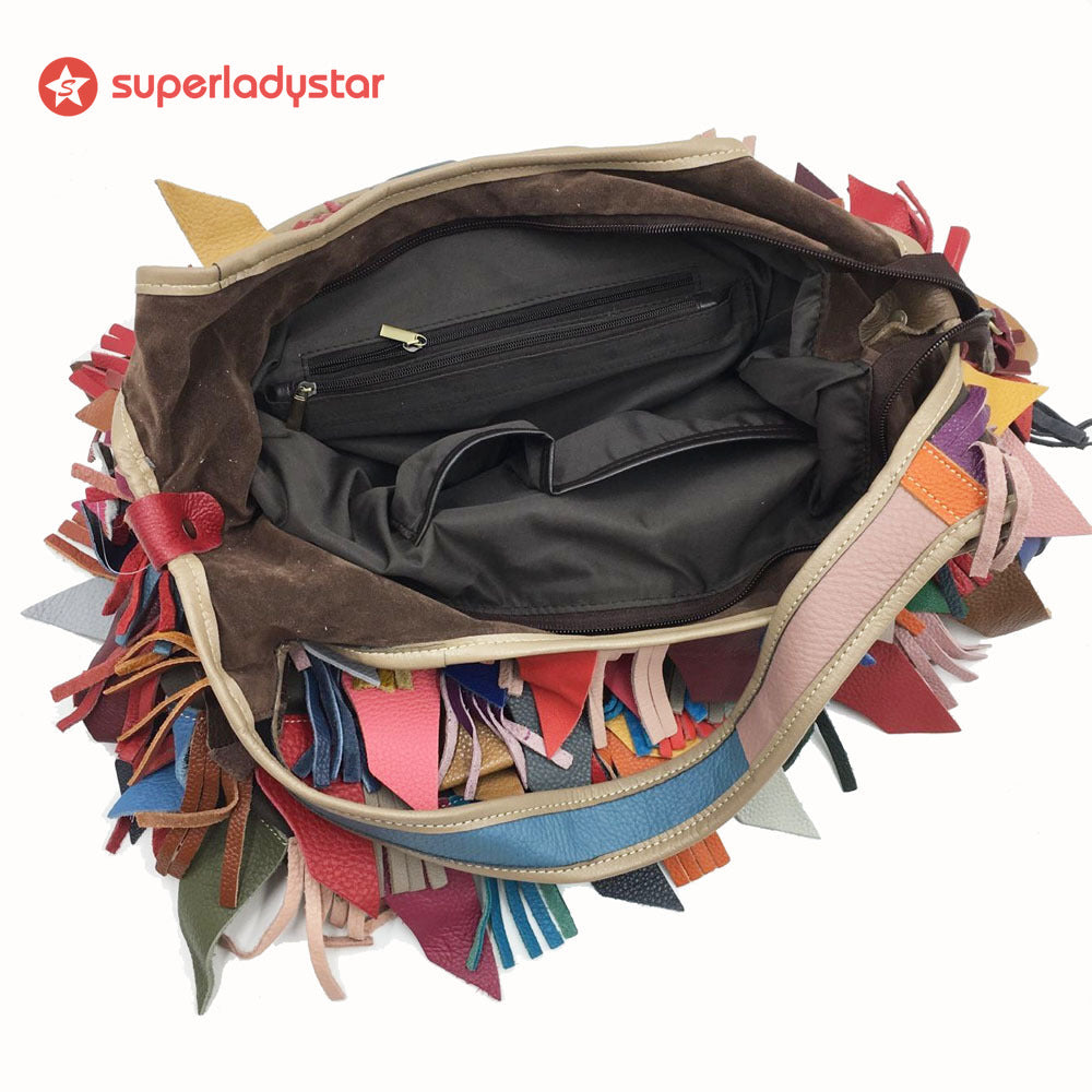 Retro Cowhide Color Fringe Handbag