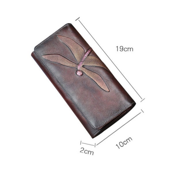 Dragonfly Embossed Genuine Leather Long Wallet