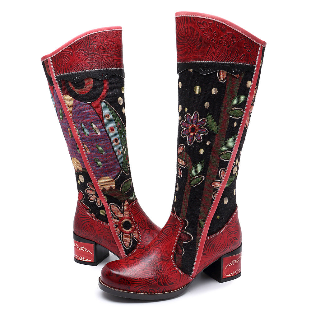 Bohemian Leather Block Heel Long Boots Exotic Pattern