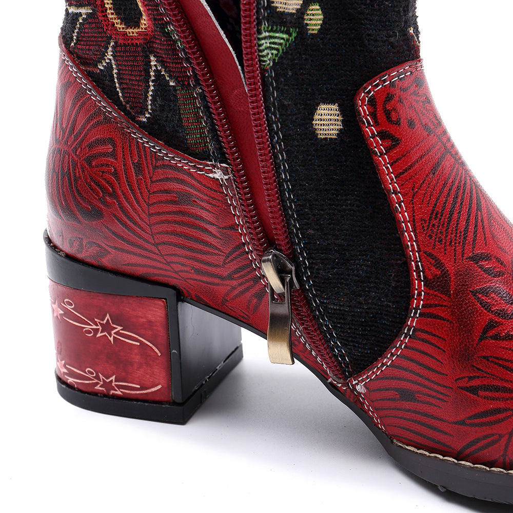 Bohemian Leather Block Heel Long Boots Exotic Pattern