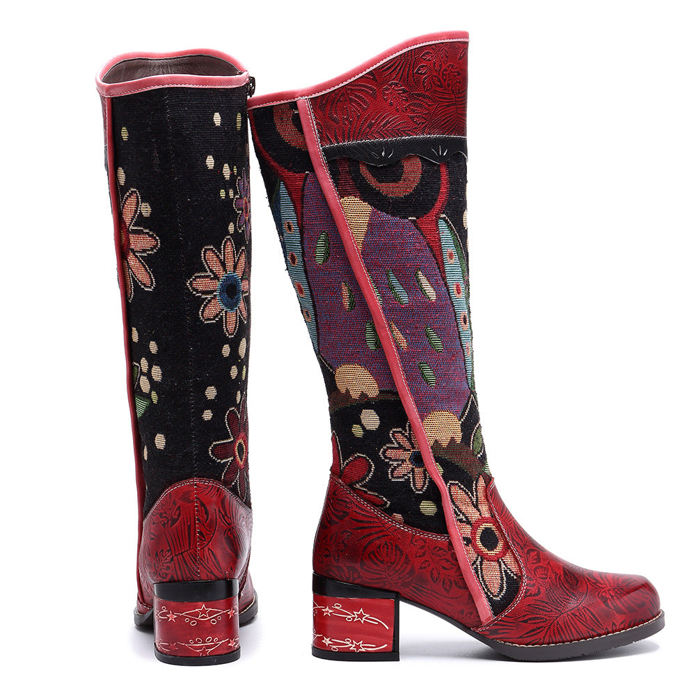 Bohemian Leather Block Heel Long Boots Exotic Pattern – superladystar
