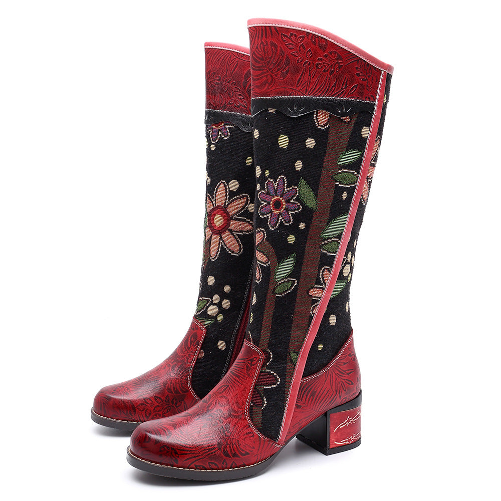 Bohemian Leather Block Heel Long Boots Exotic Pattern