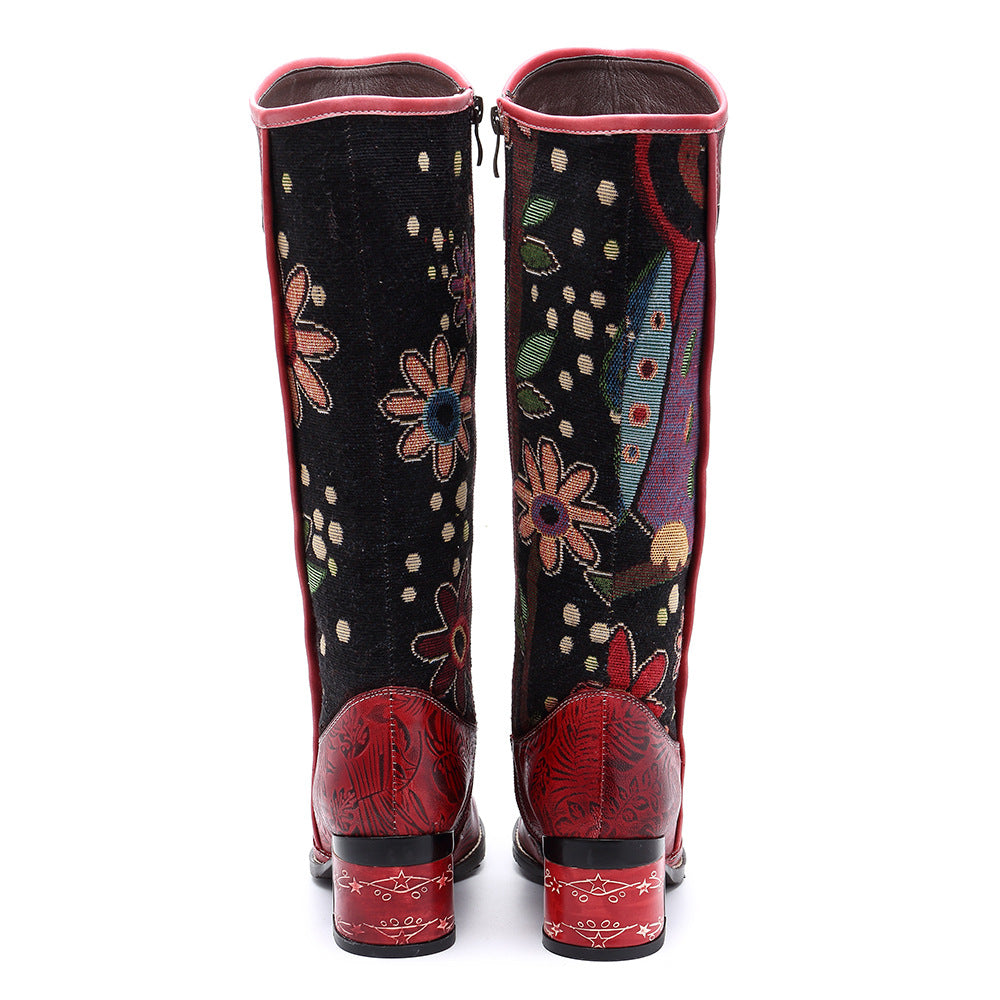 Bohemian Leather Block Heel Long Boots Exotic Pattern