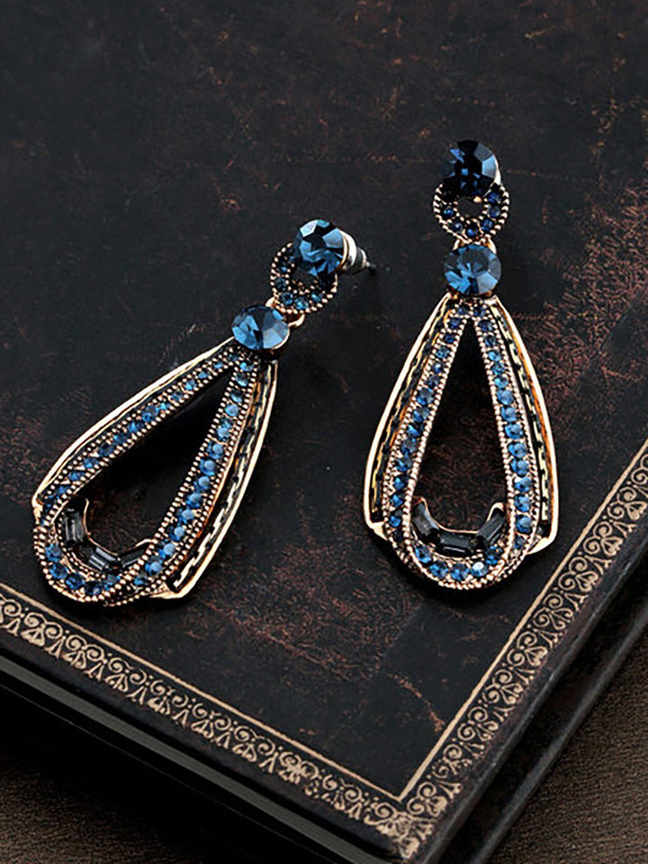 Women's Vintage Luxury Earrings Hollow Sapphire Dangle Gold Drop Sharp Rhinestones Earrings