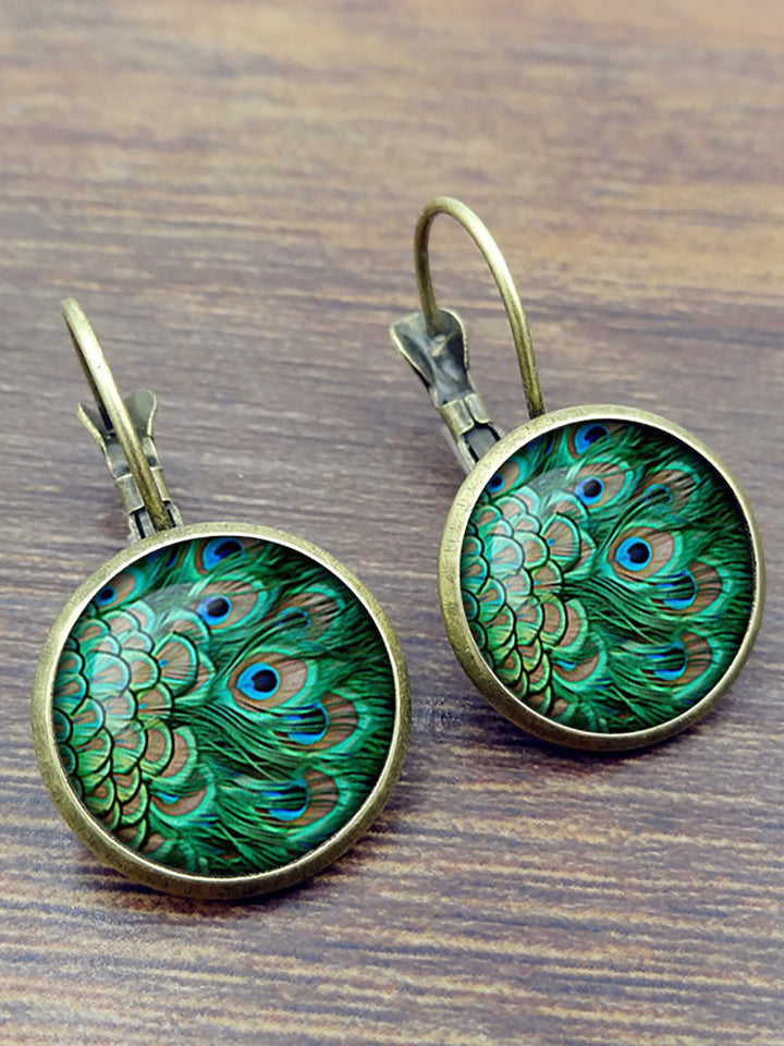 Vintage Peacock Feathers Pattern Earrings Bohemian Bronze Time Gem Cabochon Dangle Earrings