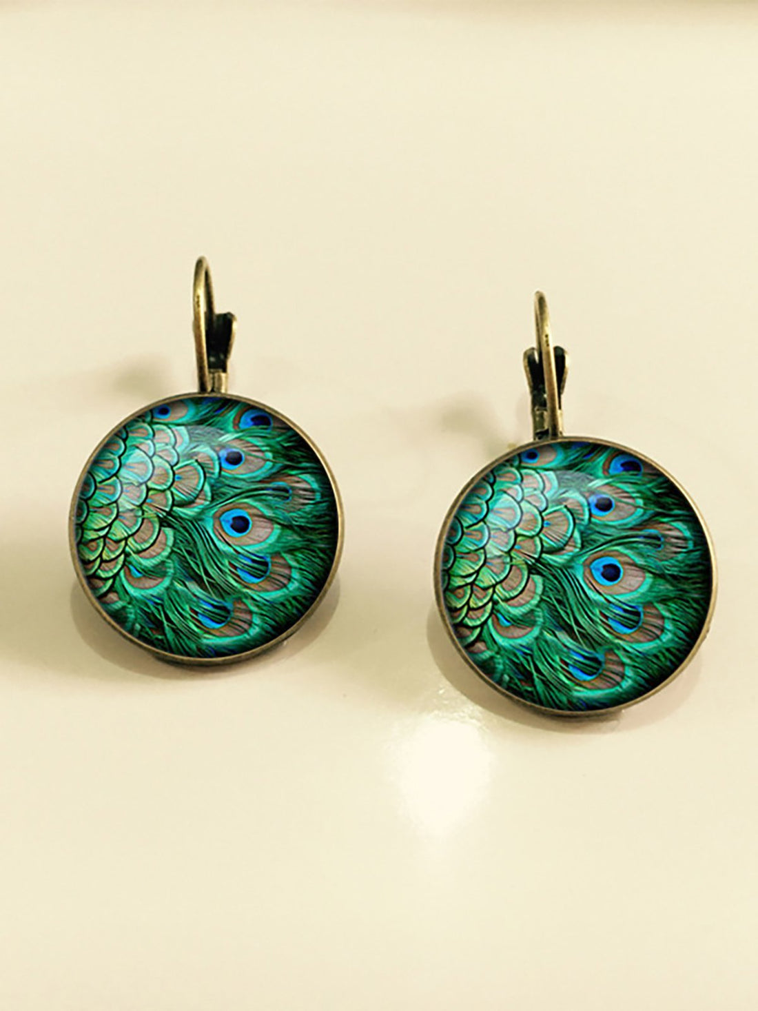 Vintage Peacock Feathers Pattern Earrings Bohemian Bronze Time Gem Cabochon Dangle Earrings