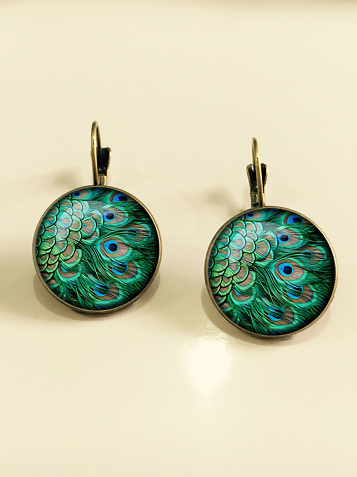 Vintage Peacock Feathers Pattern Earrings Bohemian Bronze Time Gem Cabochon Dangle Earrings