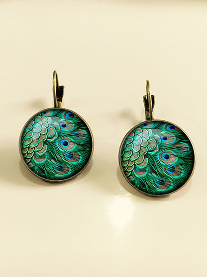 Vintage Peacock Feathers Pattern Earrings Bohemian Bronze Time Gem Cabochon Dangle Earrings