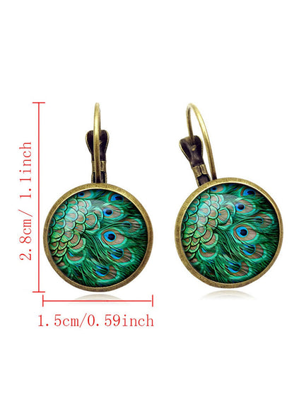 Vintage Peacock Feathers Pattern Earrings Bohemian Bronze Time Gem Cabochon Dangle Earrings