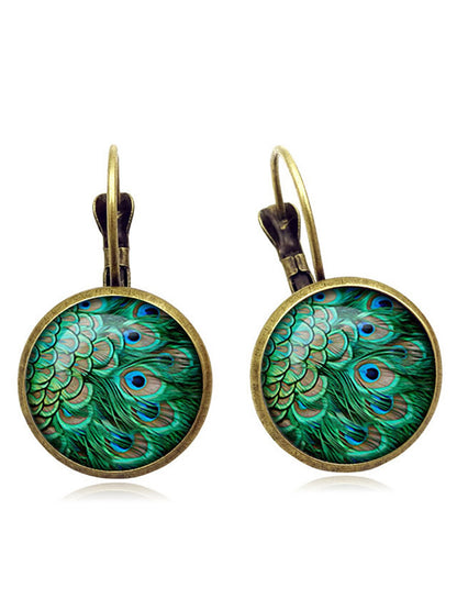 Vintage Peacock Feathers Pattern Earrings Bohemian Bronze Time Gem Cabochon Dangle Earrings