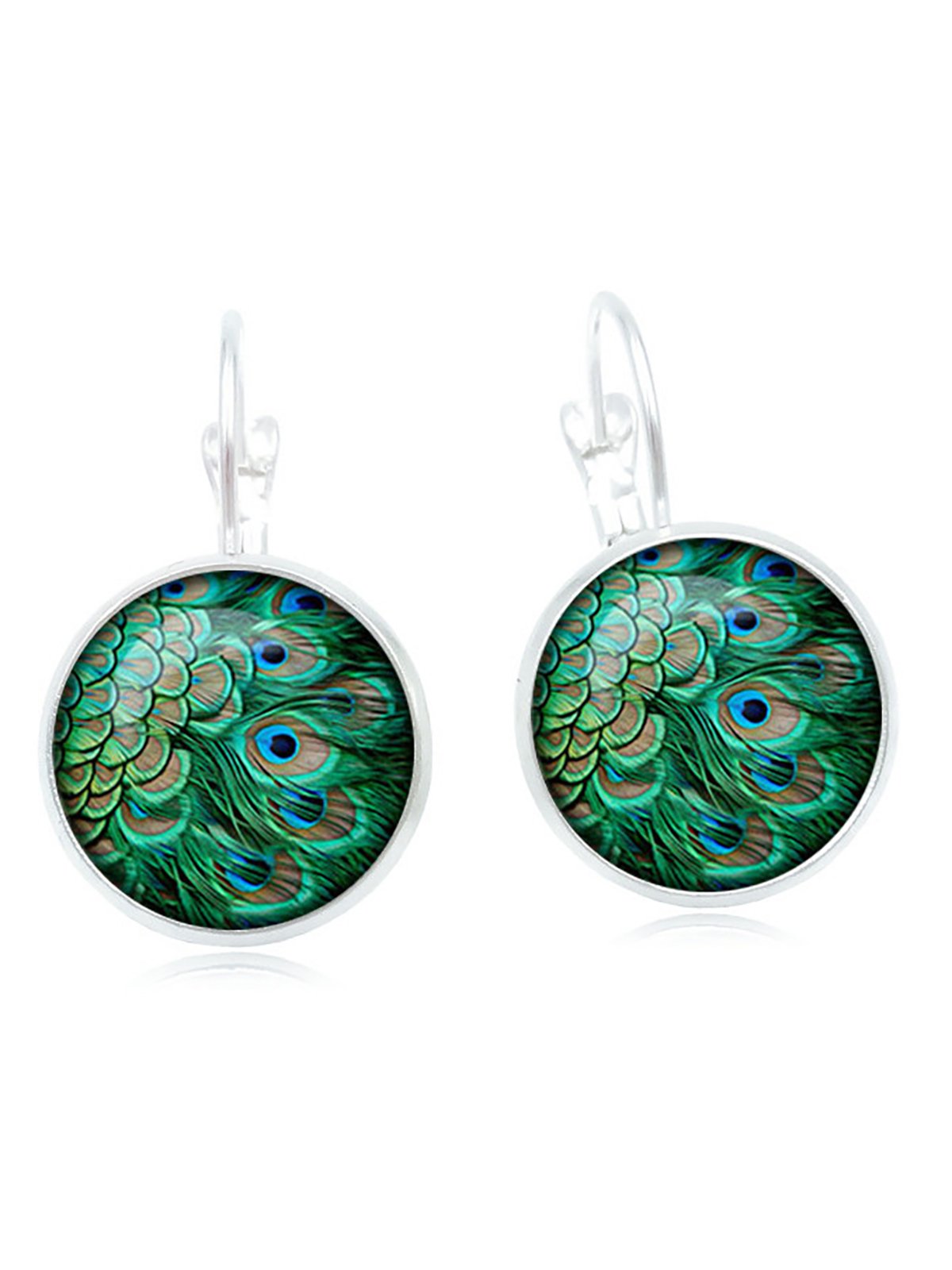 Vintage Peacock Feathers Pattern Earrings Bohemian Bronze Time Gem Cabochon Dangle Earrings