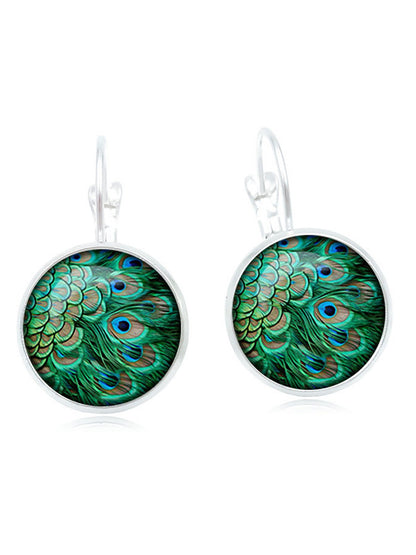 Vintage Peacock Feathers Pattern Earrings Bohemian Bronze Time Gem Cabochon Dangle Earrings