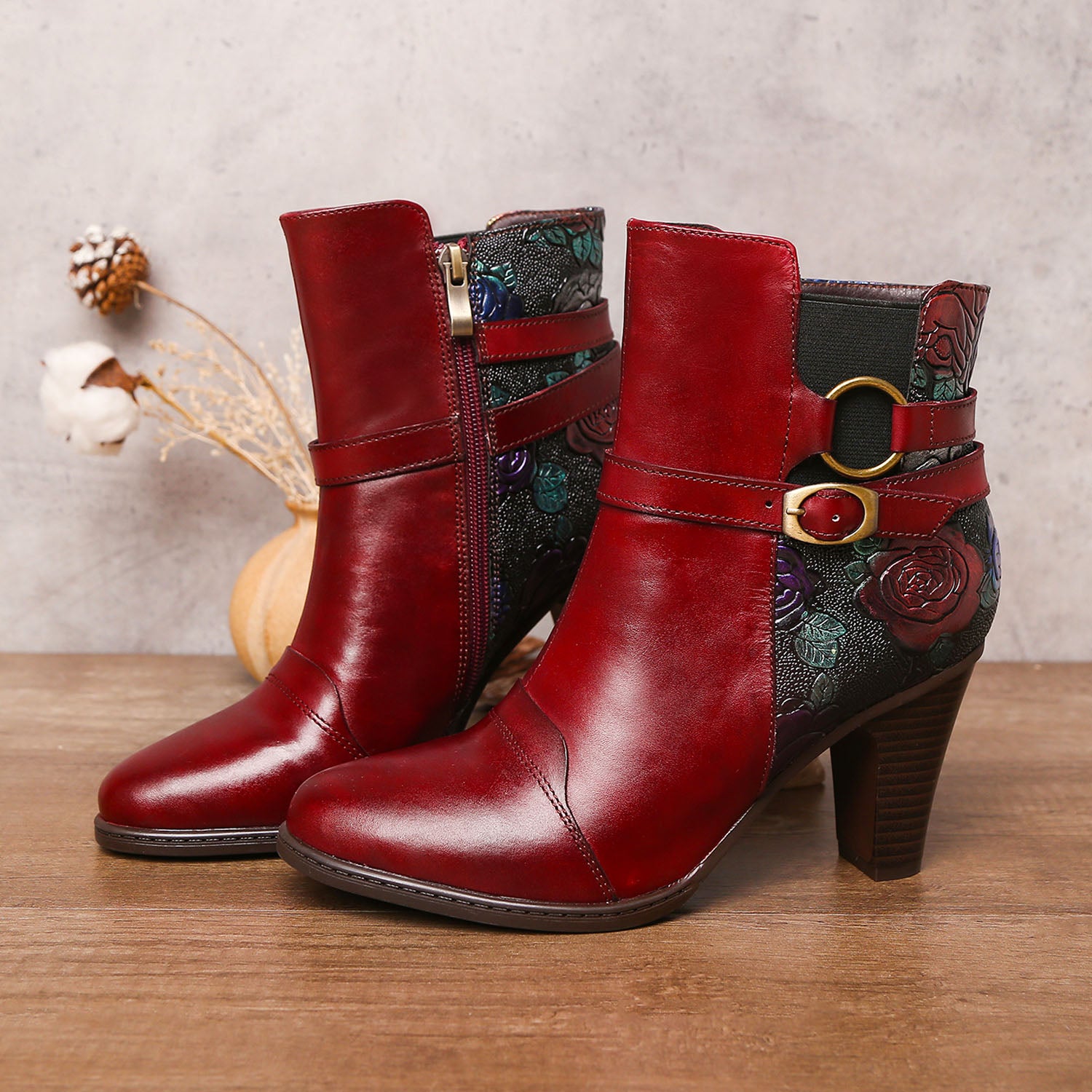 Vintage Handmade Embossed Adjustable Ankle Boots