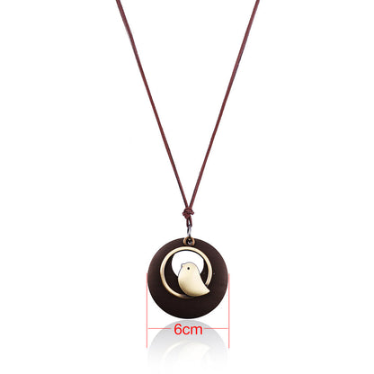 Metal Bird Shape Round Wood Pendant Necklace