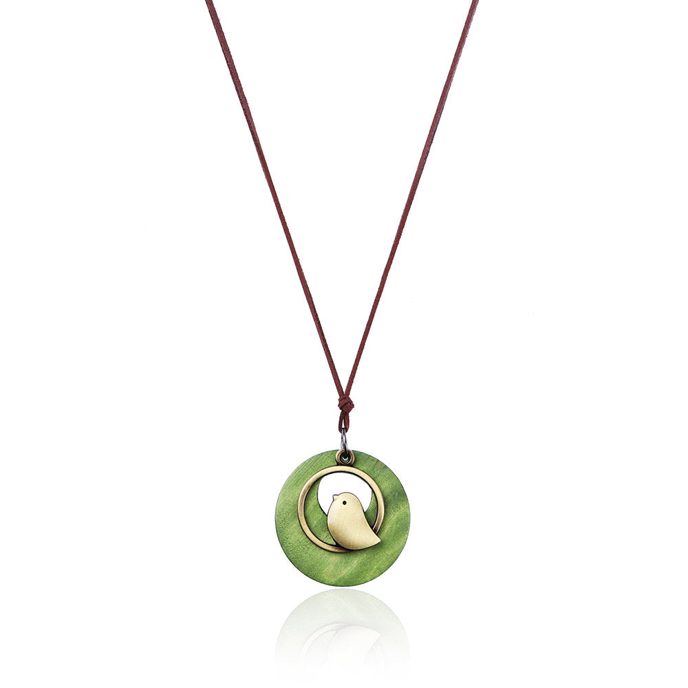 Metal Bird Shape Round Wood Pendant Necklace