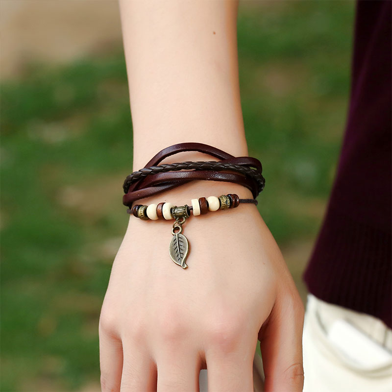 Retro Leaf Hanging Cowskin Bracelet