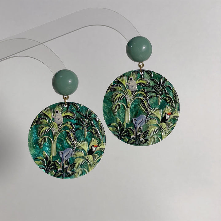 Green Primitive Forest Relief Print Earrings