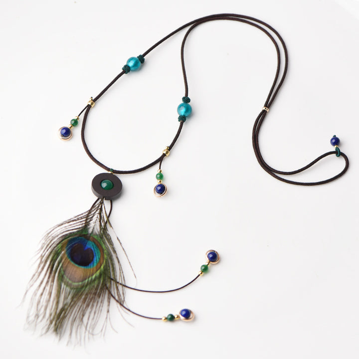 Fashionable Peacock Feather and Glass Pendant Necklace