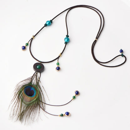 Fashionable Peacock Feather and Glass Pendant Necklace