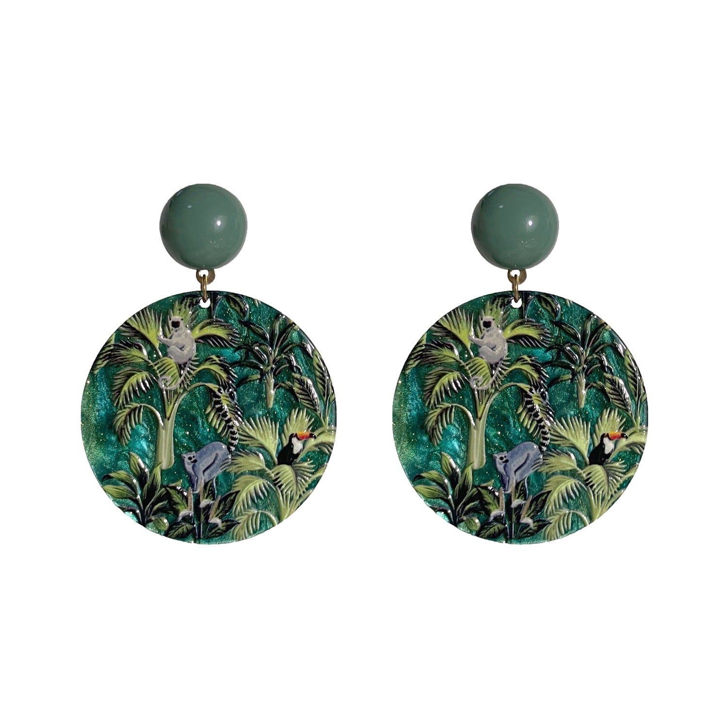 Green Primitive Forest Relief Print Earrings