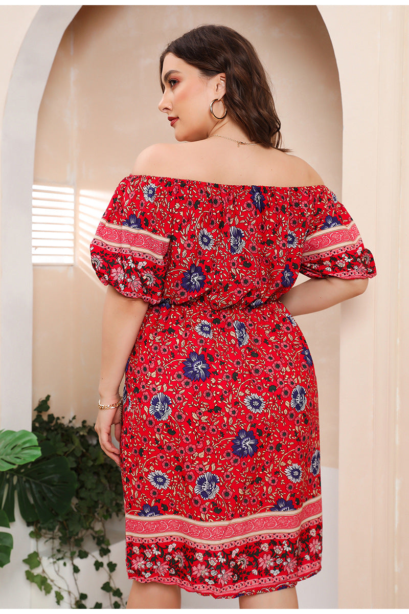 Red Bohemian Print One Neck Plus Size Dress