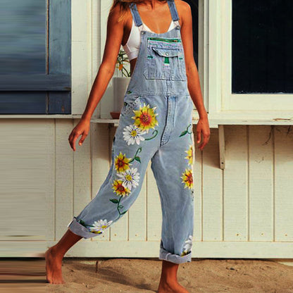 Printed Fashion Denim Strap Pants