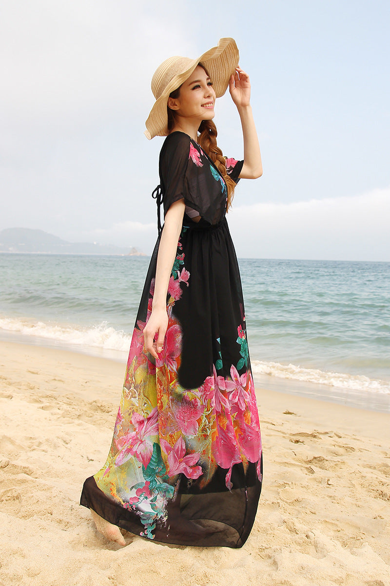 Fashion Seaside Chiffon Floral V-neck Dress