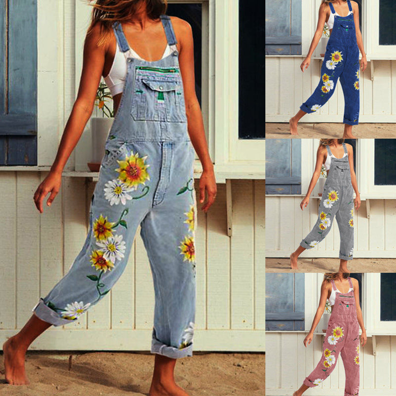 Printed Fashion Denim Strap Pants