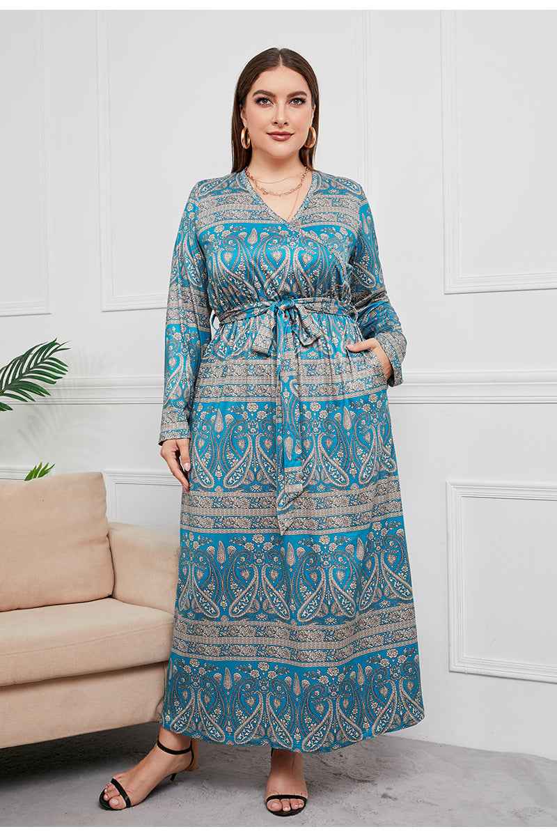 Loose V-Neck Retro Cashew Print Dress