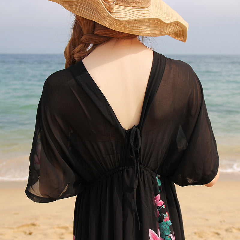 Fashion Seaside Chiffon Floral V-neck Dress