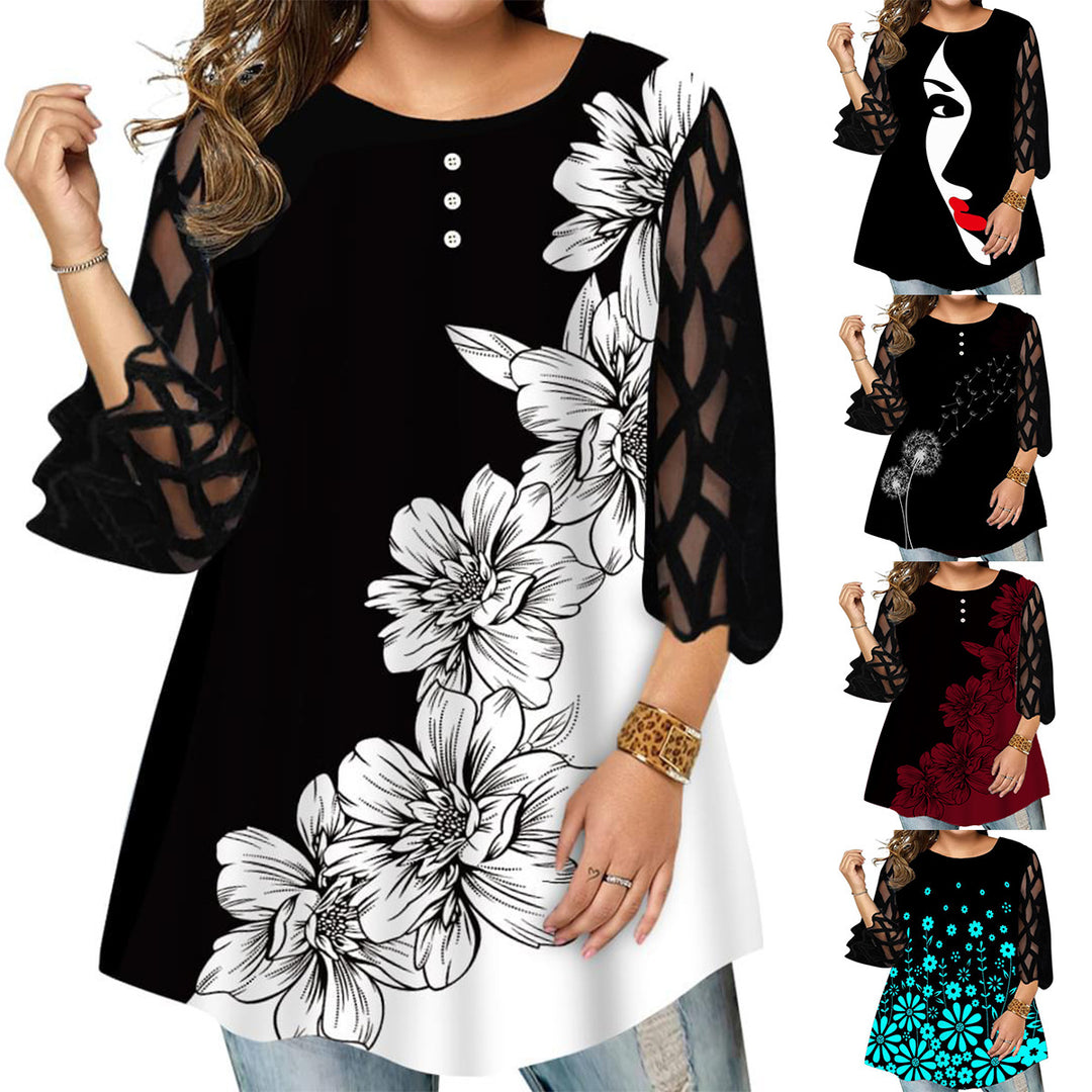 Lace Sleeve Floral Top Loose Casual T-shirt