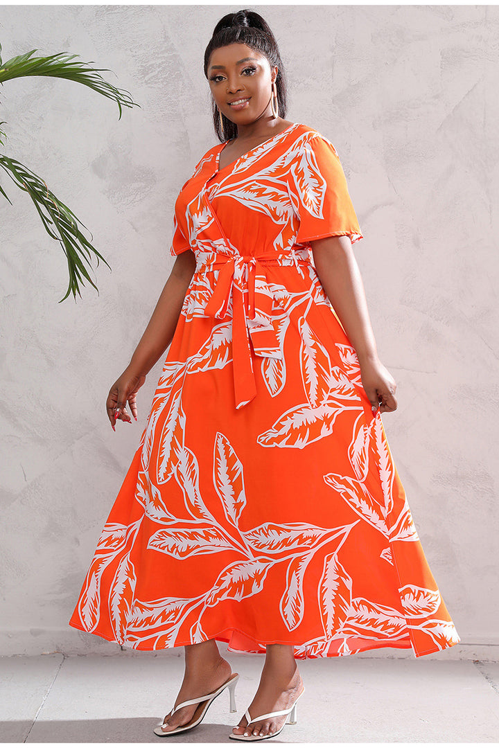 High-waisted V-neck Print Sexy Dress