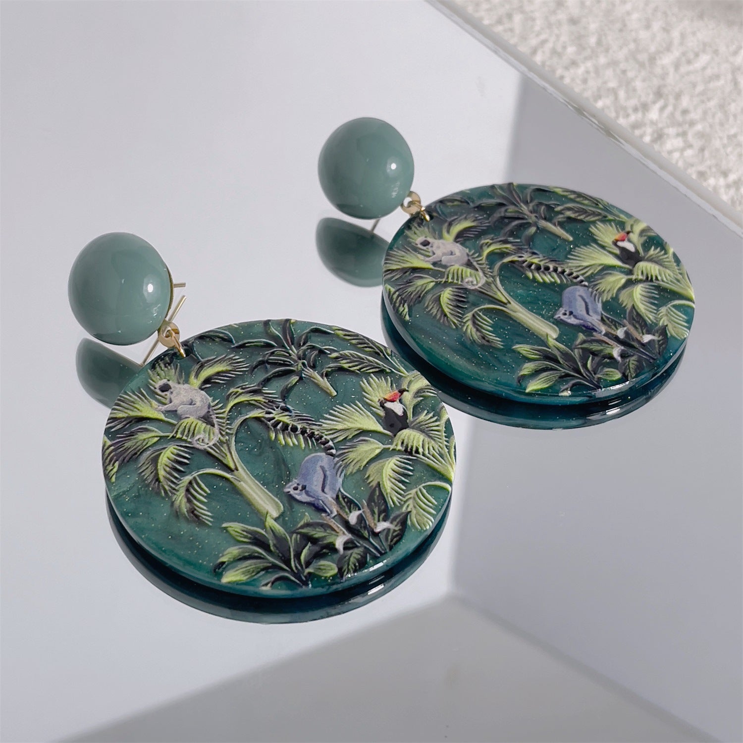 Green Primitive Forest Relief Print Earrings