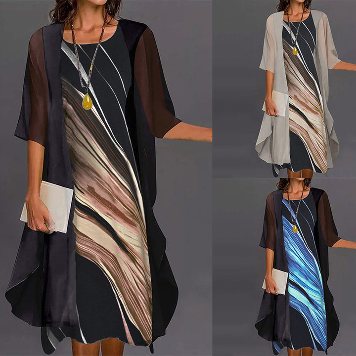 Elegant Printed Mid-sleeve Two-piece Dress