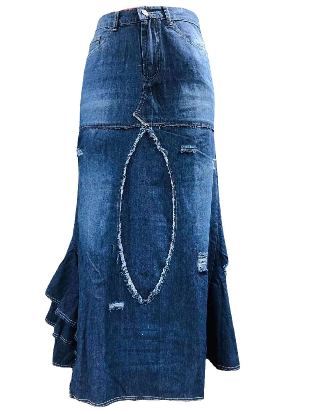 Large Size Patchwork Irregular Denim Skirt